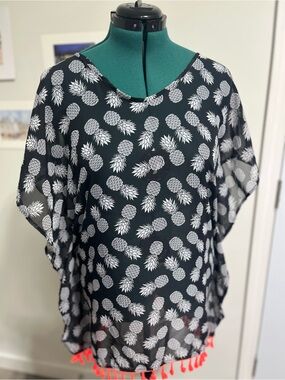 No Boundaries Black Sheer Pineapple Print Swim Coverup with Pink Tassels